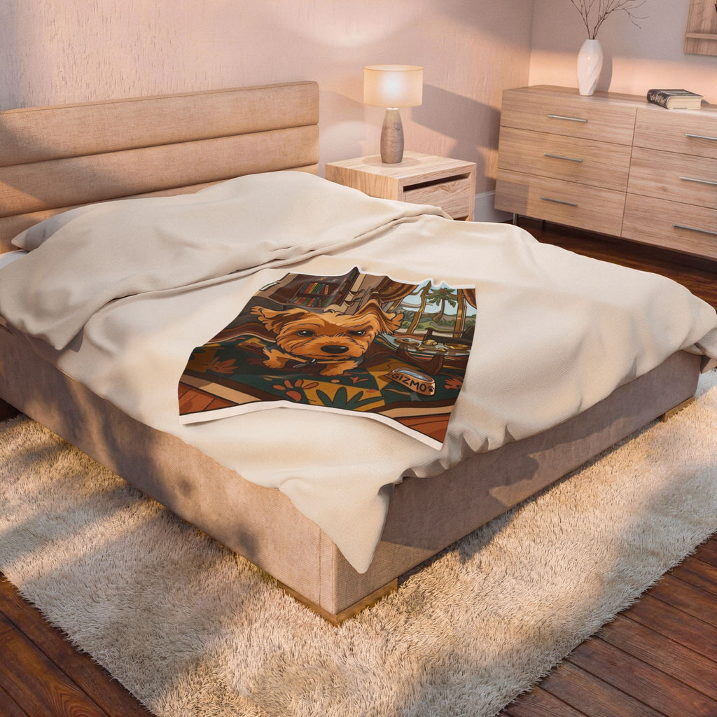 Velveteen Plush Blanket — Cute Yorkie Dog Cartoon Design (Personalized Gizmo Bowl)