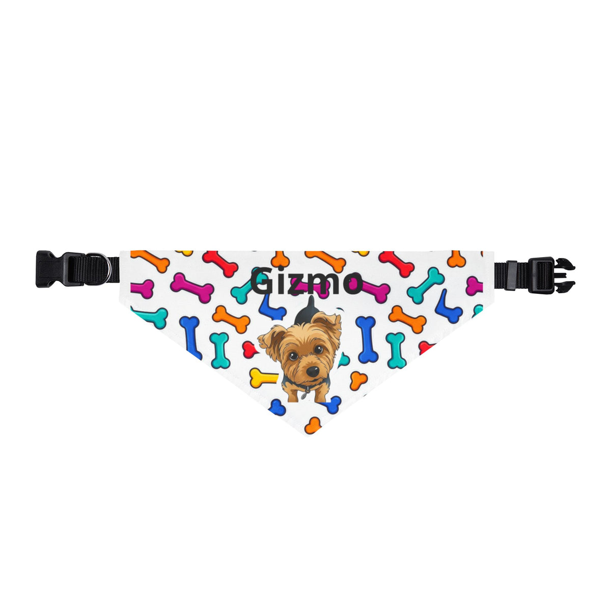 Personalized Clip-On Pet Bandana — Colorful Bone Pattern with Photo & Name