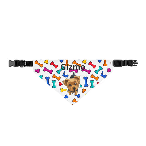 Personalized Clip-On Pet Bandana — Colorful Bone Pattern with Photo & Name