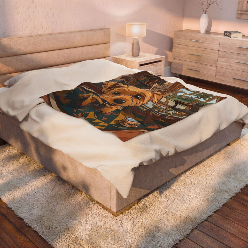 Velveteen Plush Blanket — Cute Yorkie Dog Cartoon Design (Personalized Gizmo Bowl)