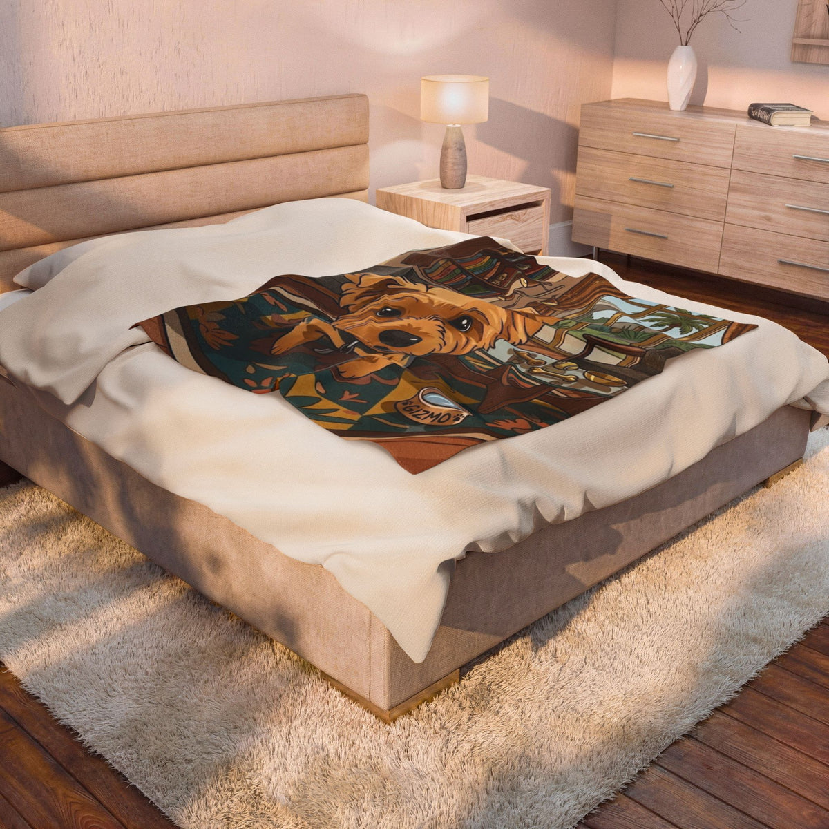 Velveteen Plush Blanket — Cute Yorkie Dog Cartoon Design (Personalized Gizmo Bowl)