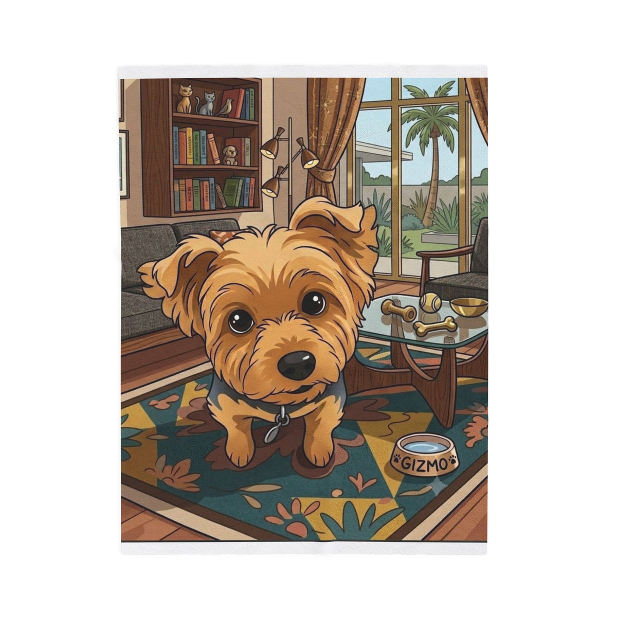 Velveteen Plush Blanket — Cute Yorkie Dog Cartoon Design (Personalized Gizmo Bowl)