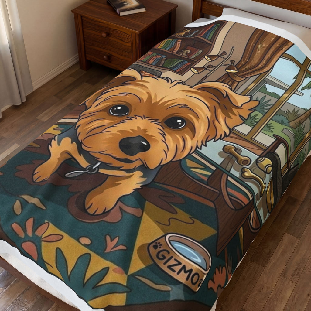Velveteen Plush Blanket — Cute Yorkie Dog Cartoon Design (Personalized Gizmo Bowl)