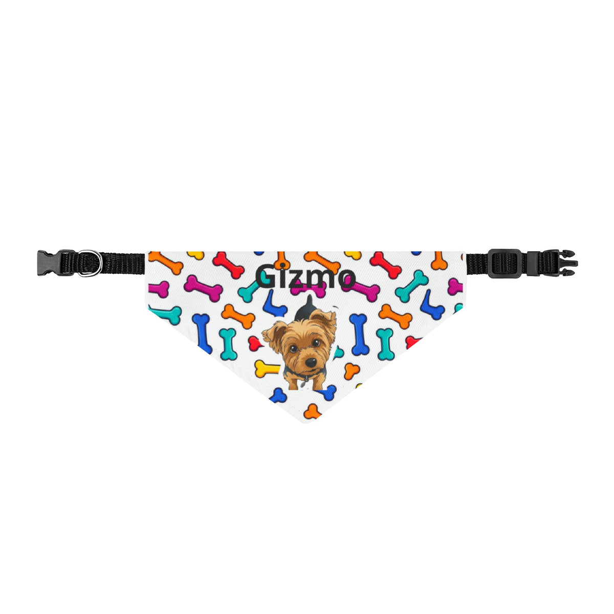 Personalized Clip-On Pet Bandana — Colorful Bone Pattern with Photo & Name