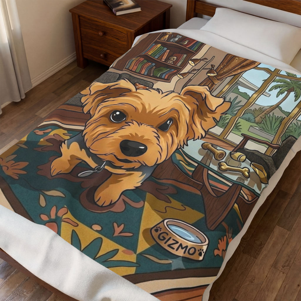 Velveteen Plush Blanket — Cute Yorkie Dog Cartoon Design (Personalized Gizmo Bowl)