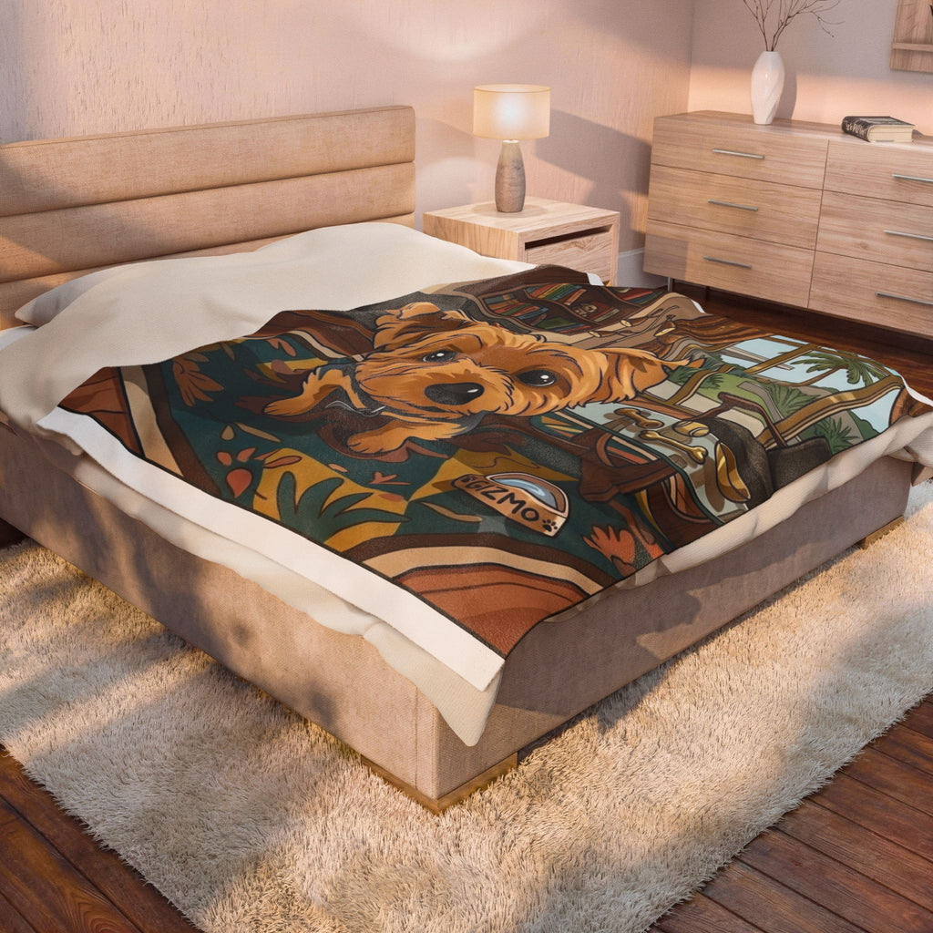 Velveteen Plush Blanket — Cute Yorkie Dog Cartoon Design (Personalized Gizmo Bowl)