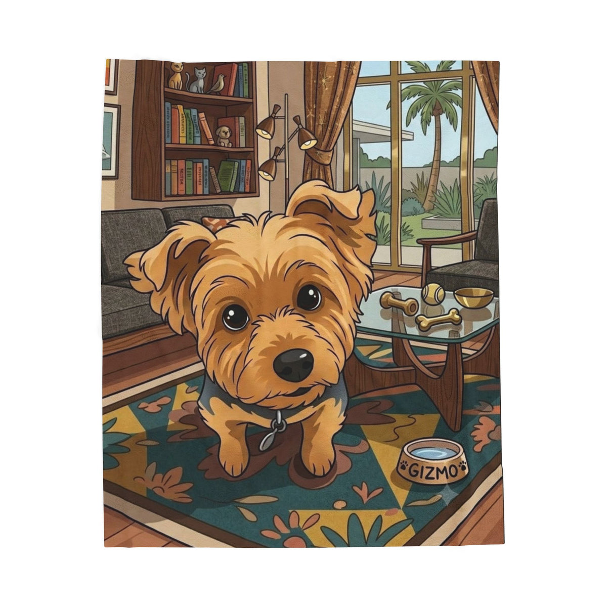 Velveteen Plush Blanket — Cute Yorkie Dog Cartoon Design (Personalized Gizmo Bowl)