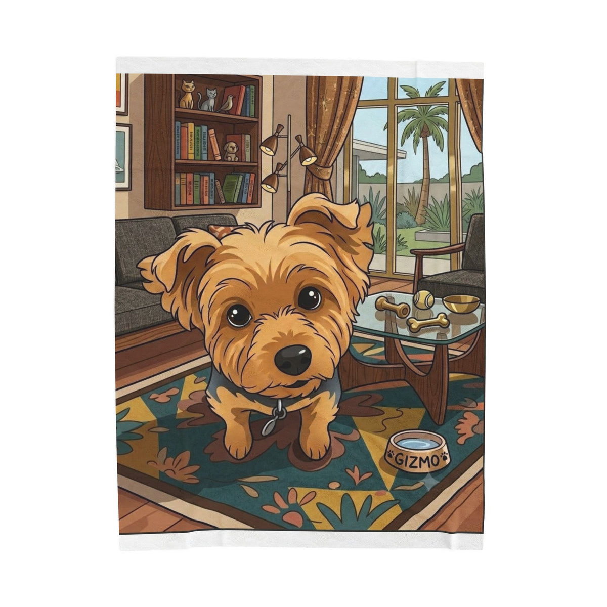 Velveteen Plush Blanket — Cute Yorkie Dog Cartoon Design (Personalized Gizmo Bowl)