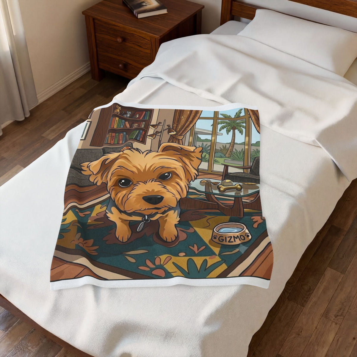 Velveteen Plush Blanket — Cute Yorkie Dog Cartoon Design (Personalized Gizmo Bowl)