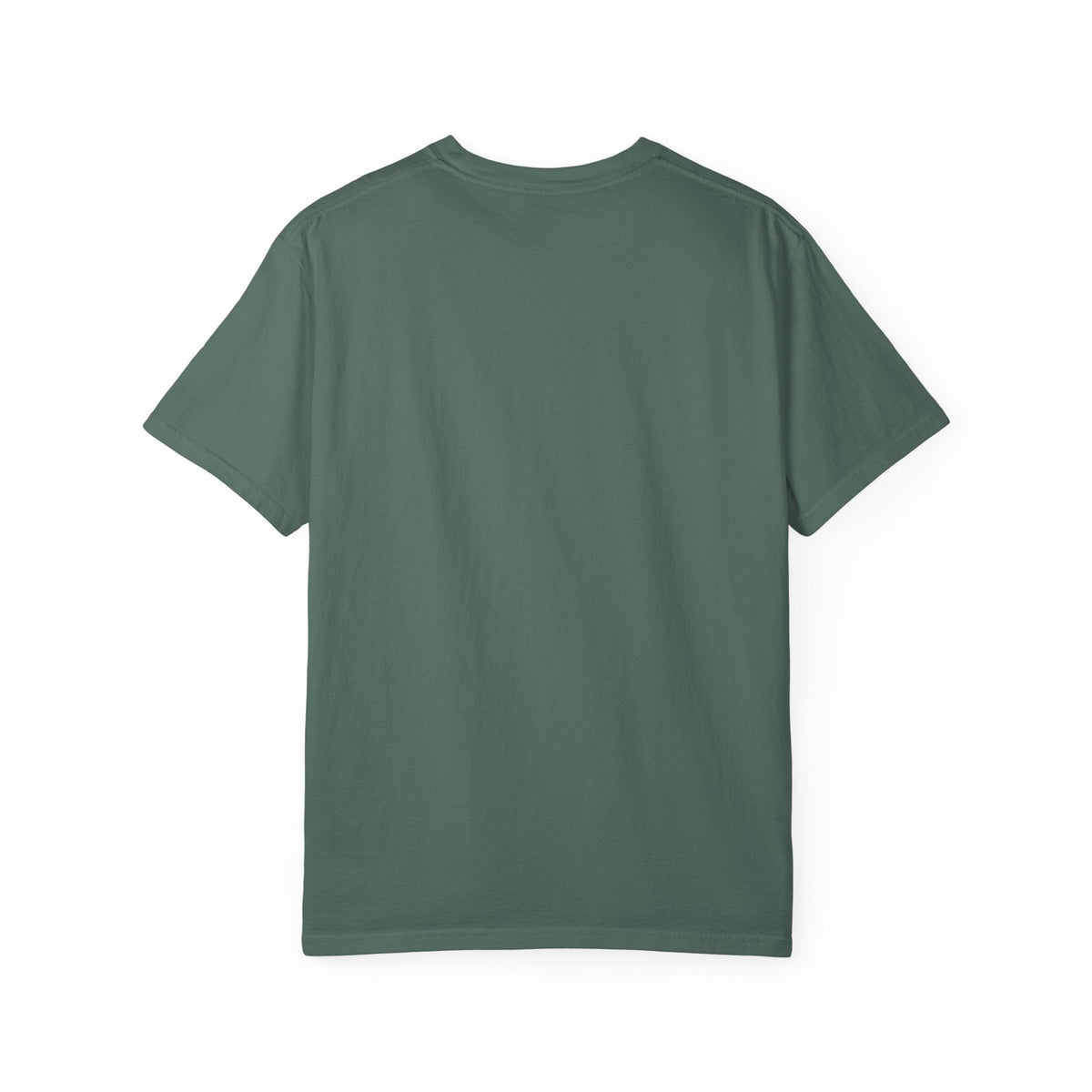 Back view of a Paws And Printables garment-dyed sage green cotton t-shirt with a relaxed fit and clean construction.