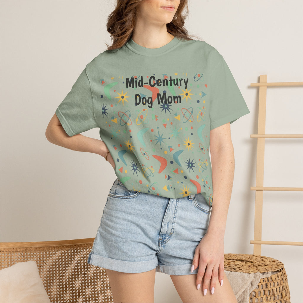 Paws And Printables sage green cotton t-shirt featuring a retro mid-century atomic star and boomerang graphic print.