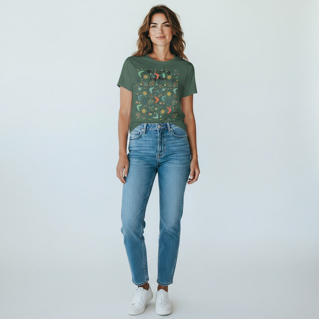 Paws And Printables olive green crewneck t-shirt with a retro mid-century atomic dog mom graphic print on a woman.