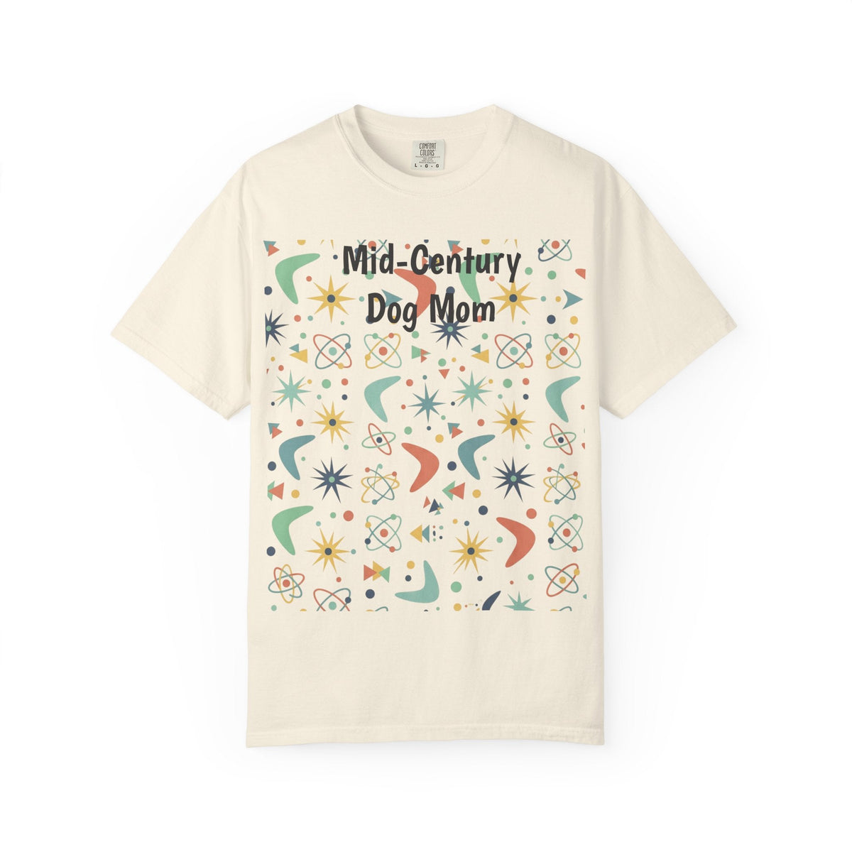 Paws And Printables cream cotton t-shirt featuring a retro mid-century atomic star and boomerang pattern for dog moms.
