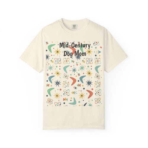 Paws And Printables cream cotton t-shirt featuring a retro mid-century atomic star and boomerang pattern for dog moms.