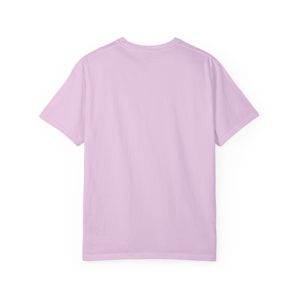 Back view of a Paws And Printables light pink garment-dyed cotton t-shirt with a relaxed fit and crew neckline.