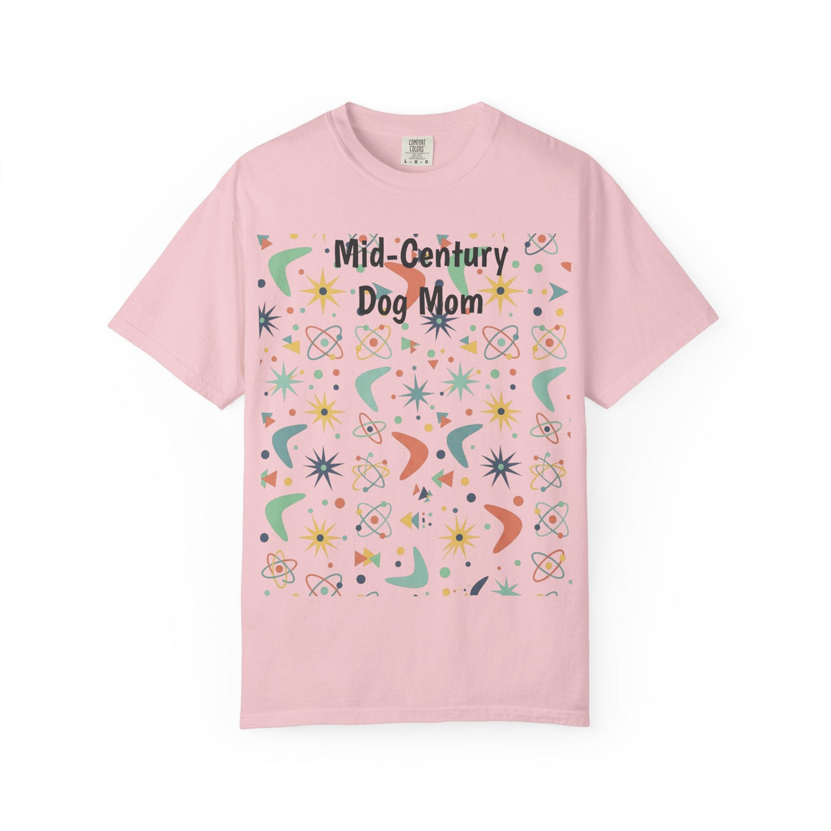 Paws And Printables light pink cotton t-shirt featuring a retro mid-century atomic star and boomerang graphic print.