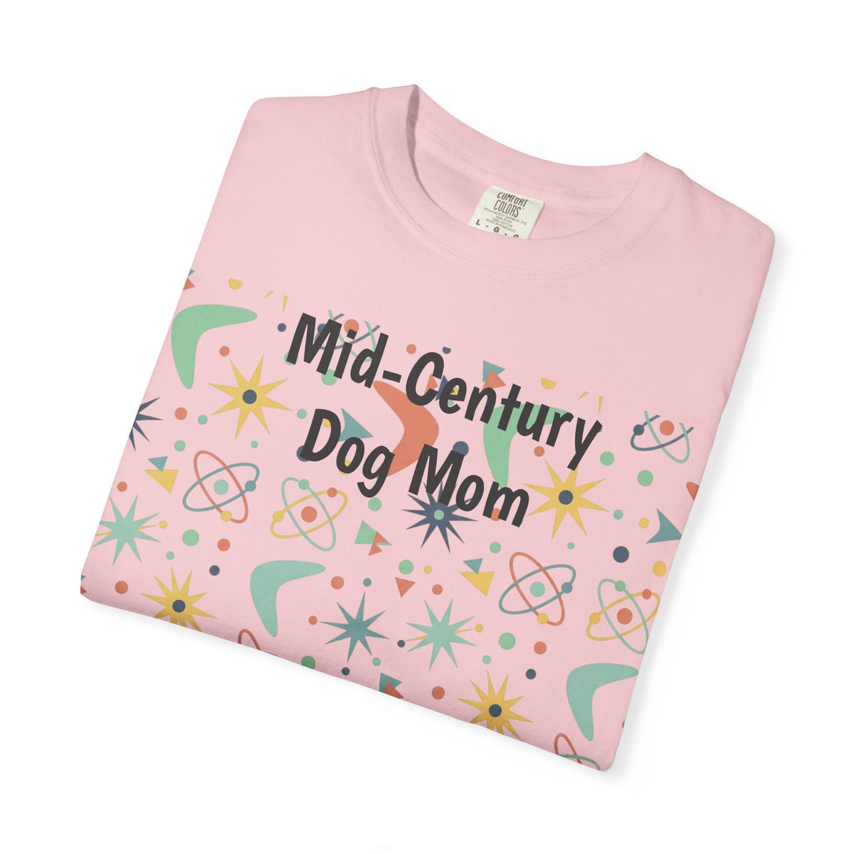 Paws And Printables light pink cotton t-shirt featuring a retro mid-century atomic star and boomerang pattern.