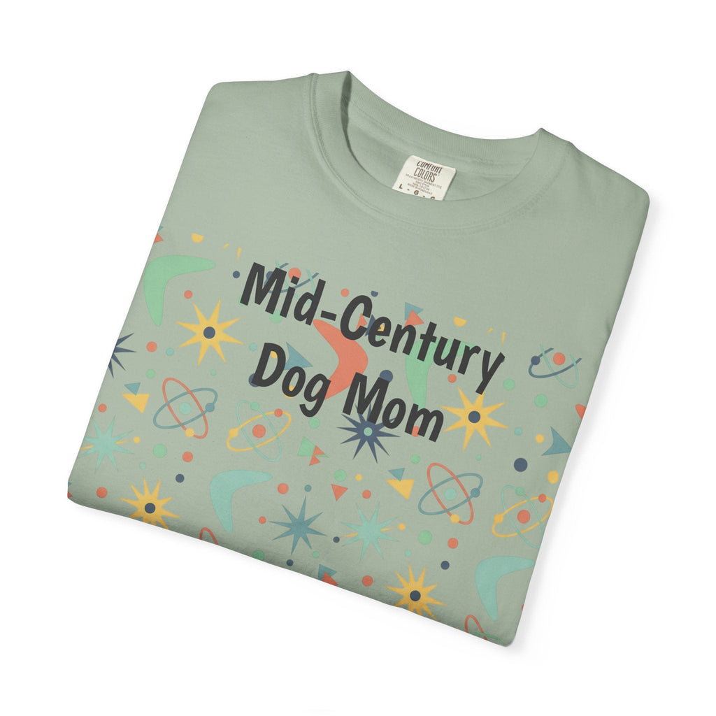 Paws And Printables sage green cotton t-shirt featuring a retro mid-century atomic star and boomerang graphic