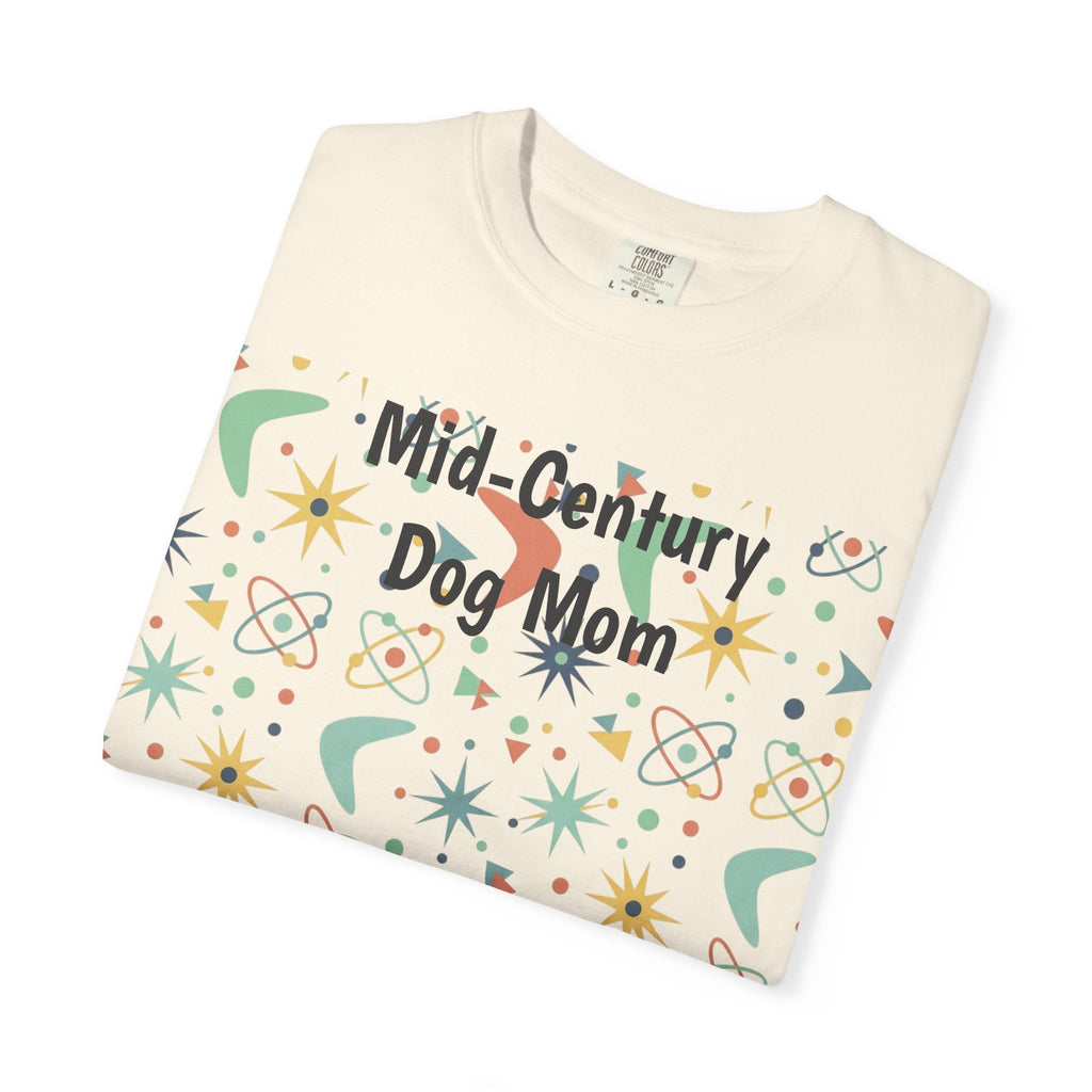 Paws And Printables cream cotton t-shirt featuring a mid-century modern atomic star and boomerang graphic print.