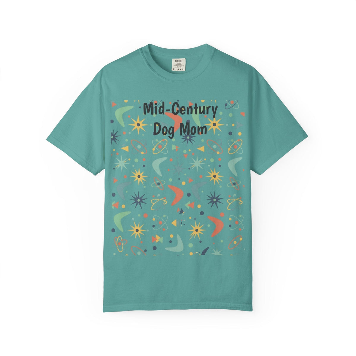 Paws And Printables teal cotton t-shirt featuring a retro mid-century atomic star and boomerang print with text.