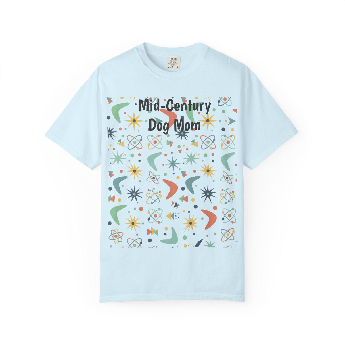 Paws And Printables light blue cotton t-shirt featuring a retro mid-century atomic star and boomerang graphic print.