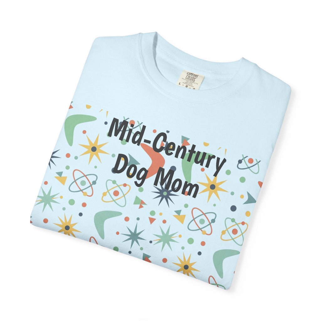 Paws And Printables light blue cotton t-shirt with a retro mid-century atomic star and boomerang graphic print.