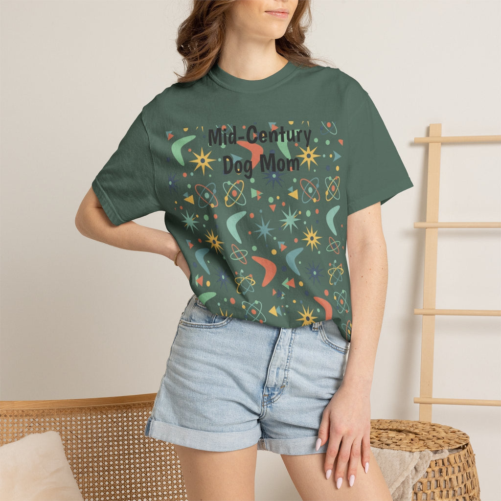 Paws And Printables dark green cotton t-shirt featuring a retro mid-century atomic star and boomerang print.
