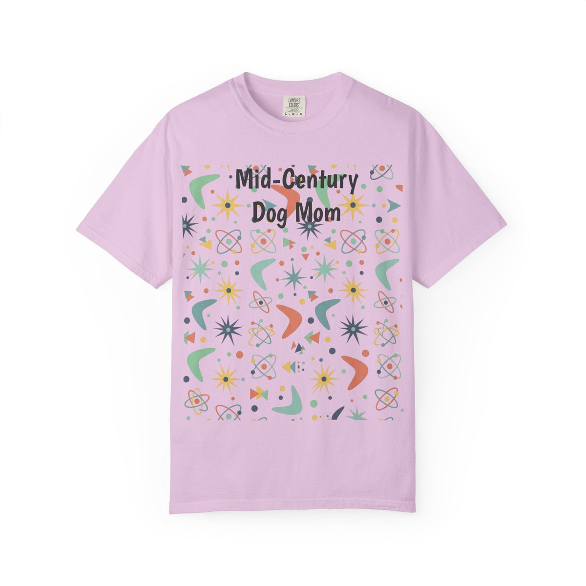 Paws And Printables light purple cotton t-shirt featuring a retro mid-century atomic star and boomerang graphic.