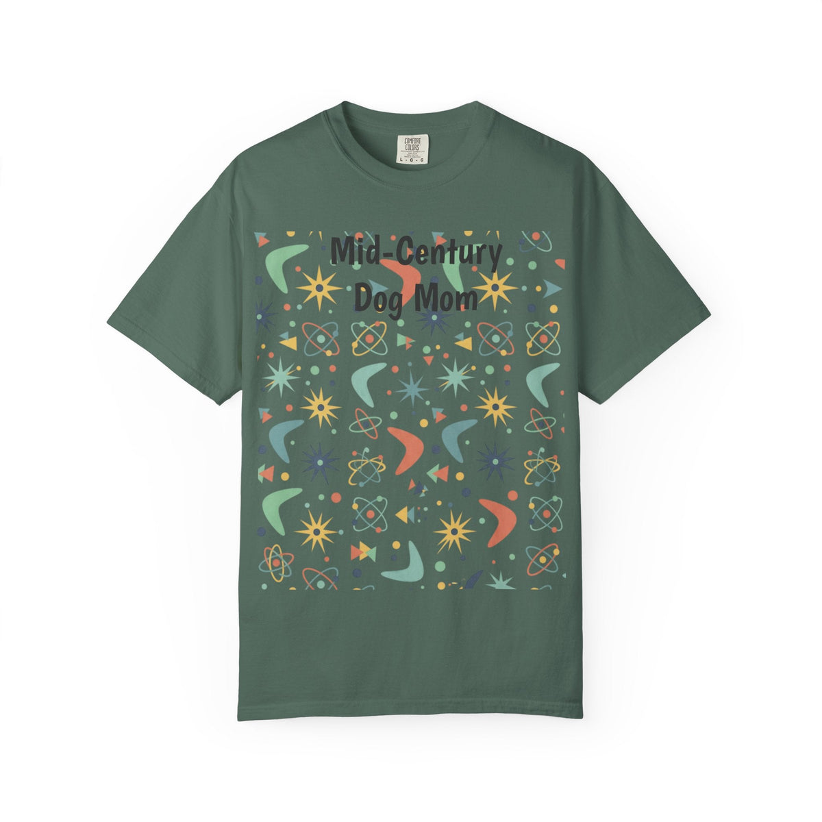 Paws And Printables dark green cotton t-shirt featuring a retro mid-century atomic star and boomerang pattern
