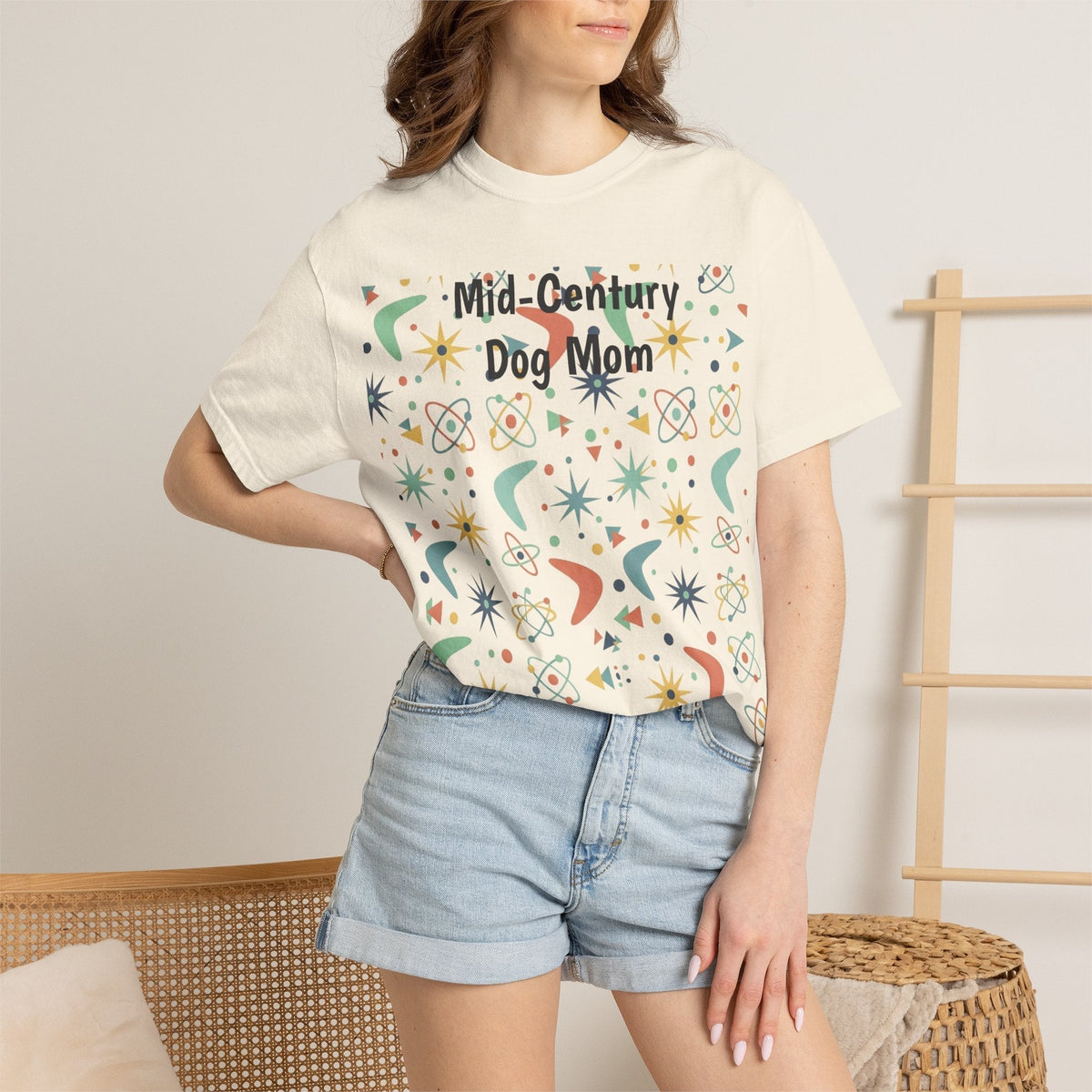 Paws And Printables cream cotton t-shirt featuring a retro mid-century atomic star and boomerang print for dog moms.