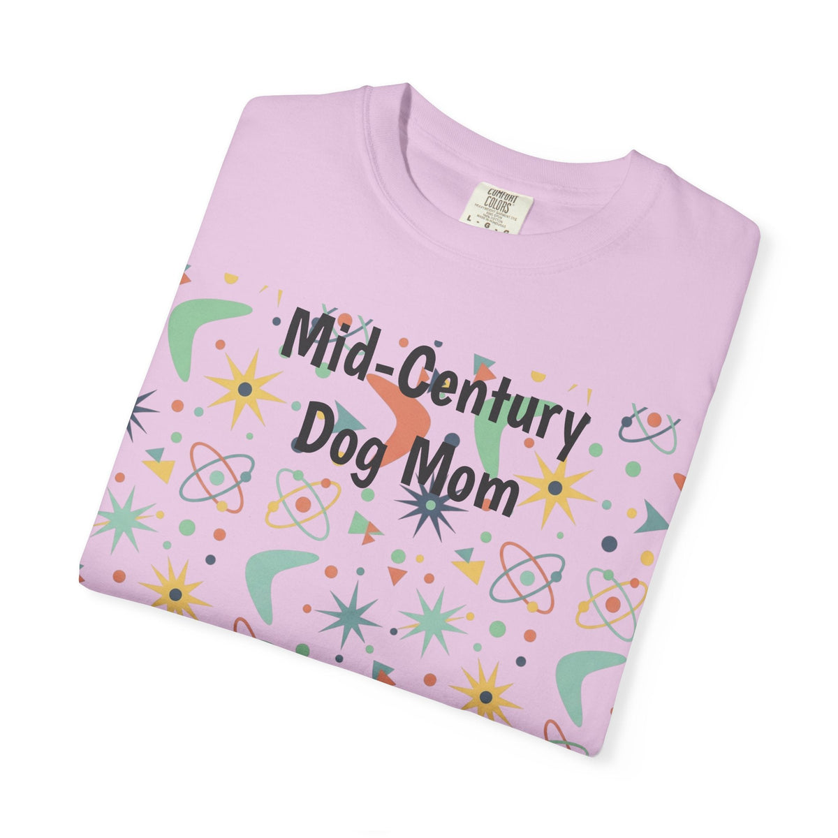 Paws And Printables light pink cotton t-shirt featuring a retro mid-century atomic star and boomerang graphic print.