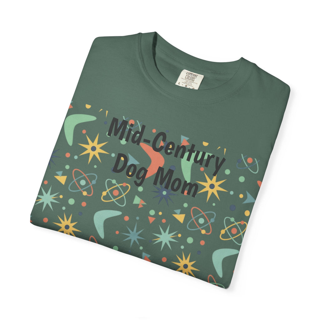 Paws And Printables forest green cotton t-shirt featuring a retro mid-century atomic star and boomerang print.