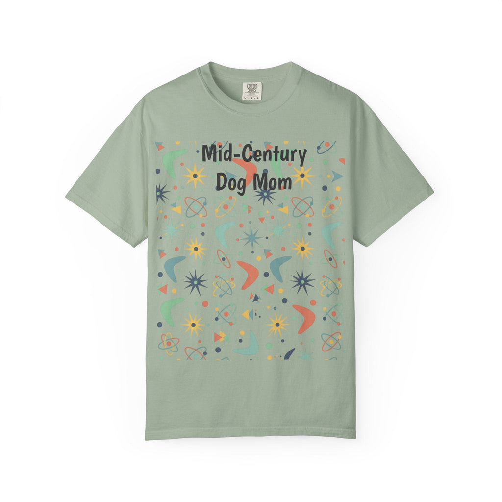 Paws And Printables sage green cotton t-shirt featuring a retro mid-century atomic star and boomerang graphic print.