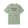 Paws And Printables sage green cotton t-shirt featuring a retro mid-century atomic star and boomerang graphic print.