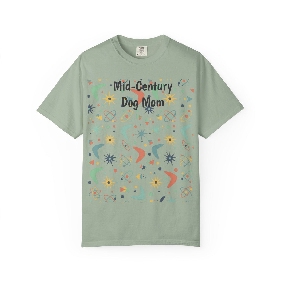 Paws And Printables sage green cotton t-shirt featuring a retro mid-century atomic star and boomerang graphic print.