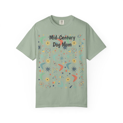 Paws And Printables sage green cotton t-shirt featuring a retro mid-century atomic star and boomerang graphic print.