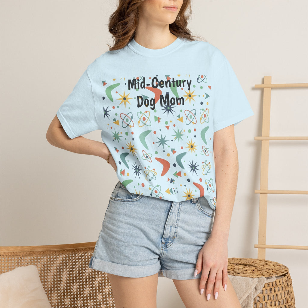 Paws And Printables light blue cotton t-shirt featuring a retro mid-century atomic star and boomerang graphic print.