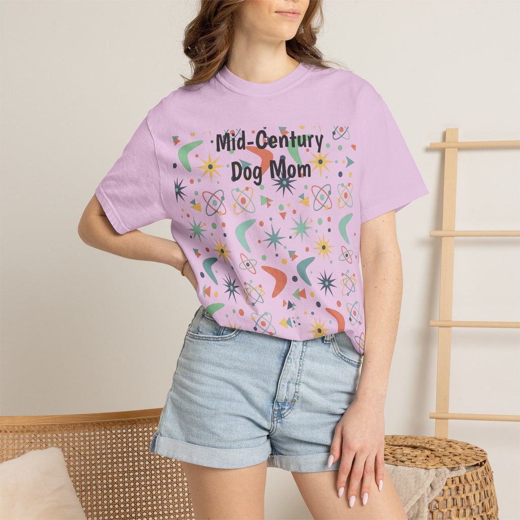 Paws And Printables light purple t-shirt with Mid-Century Dog Mom atomic star and boomerang graphic print