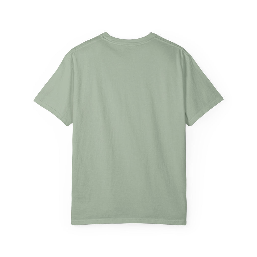 Paws And Printables sage green garment-dyed cotton t-shirt, back view of a relaxed fit crew neck tee.
