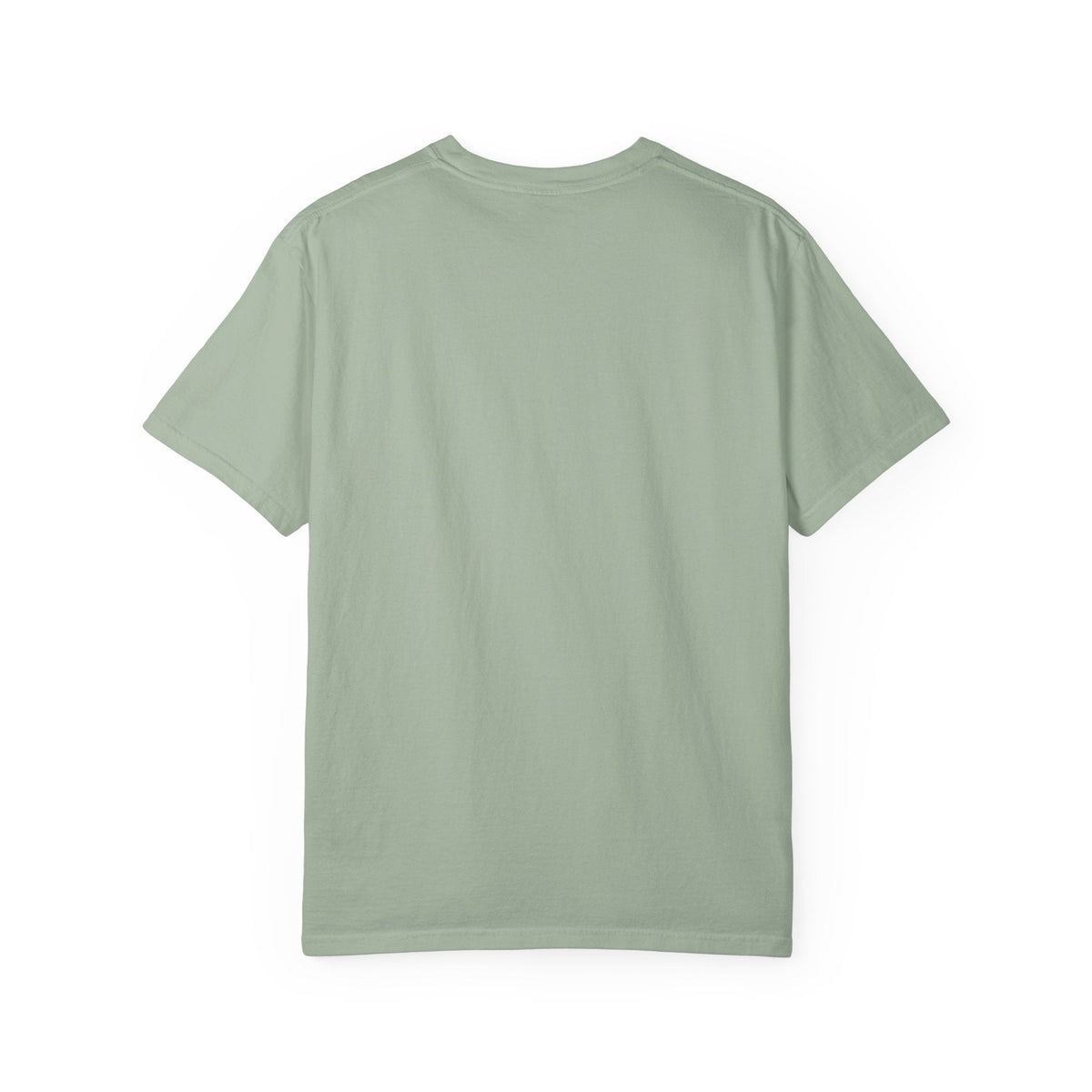 Paws And Printables sage green garment-dyed cotton t-shirt, back view of a relaxed fit crew neck tee.