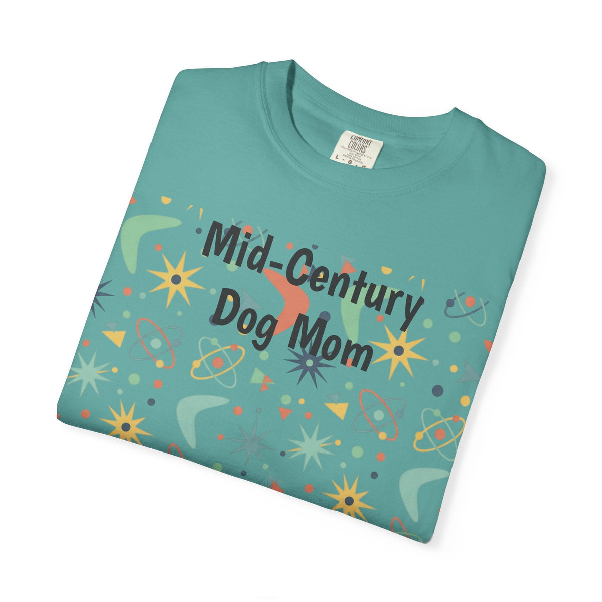 Paws And Printables teal cotton t-shirt featuring a retro mid-century atomic star and boomerang pattern.